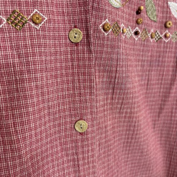Vtg Embroidered Pink Check Applique Wood Button Cottagecore Top L | Soft Autumn - Picture 9 of 9